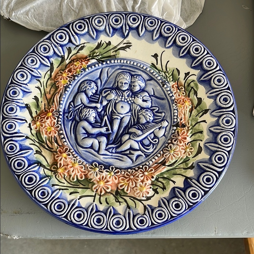 Blue and White Ceramic Art Plate with Mythological Design